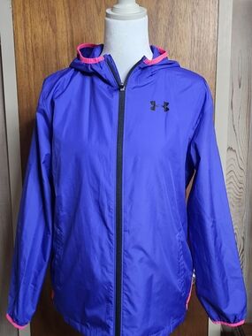 Under Armour Girls Blue Purple Hooded Lightweight Jacket with Pink Trim - Large